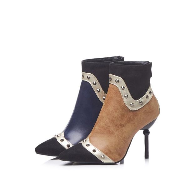 

boots 2021 style for autumn and winter tip riveted short female super high heels thin heeled zipper suede, Black