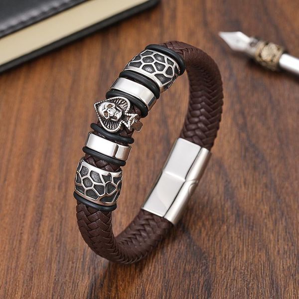 

charm bracelets black brown braided leather 316l stainless steel jewelry men's bracelet spades skull punk wristband, Golden;silver