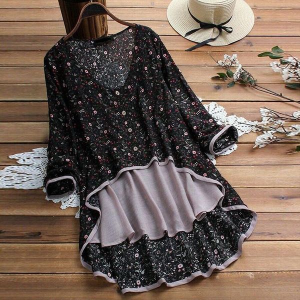 

women's blouses & shirts floral print v-neck long shirt blouse summer women sleeve fake two pieces hem irregular casual loose streetwea, White