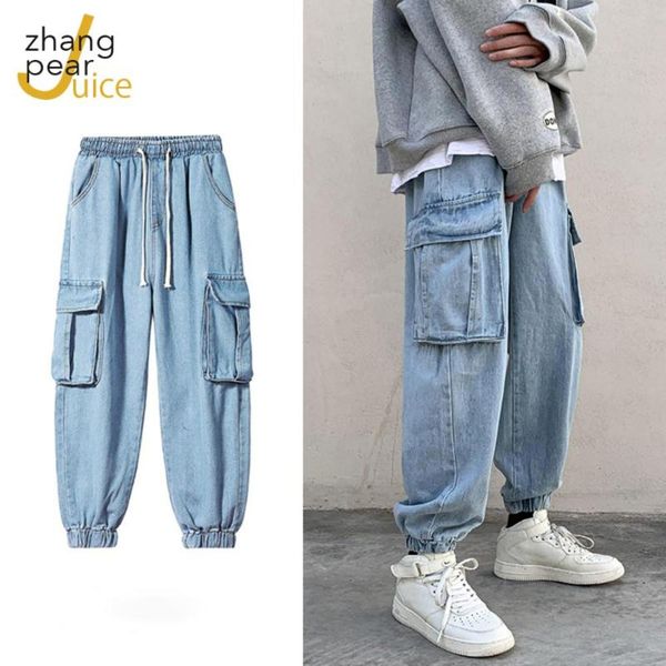 

men loose jeans mens spring autumn hip hop streetwear new pocket baggy denim pants male cargo pants trouser, Blue