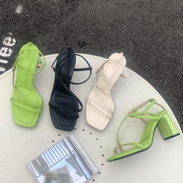 

dress shoes 2021 fashion women sandals square high heel ankle strap rome ladies summer outdoor pumps green black/whit