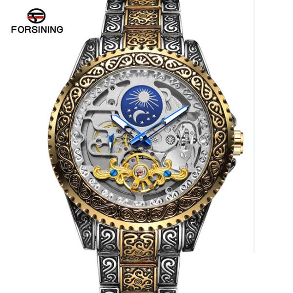 

wristwatches forsining 2021 fashion retro design golden stainless steel tourbillon men automatic mechanical watches wristwatch, Slivery;brown