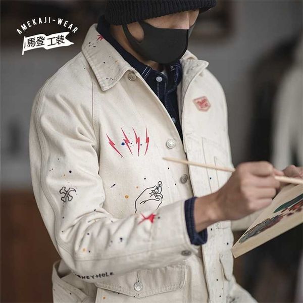 Maden Grafiti Jacken für Männer Werkzeug Französisch Retro Jagd Lässiges weißes Jeanshemd Slim Top Japanischer Herrentrend 211126