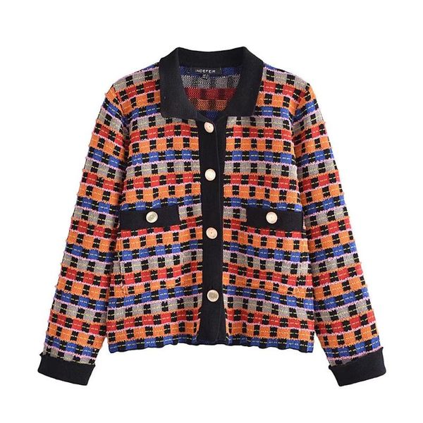 

women's jackets junwu autumn color plaid knit lapel single-breasted pocket long sleeve short jacket retro ethnic style, Black;brown