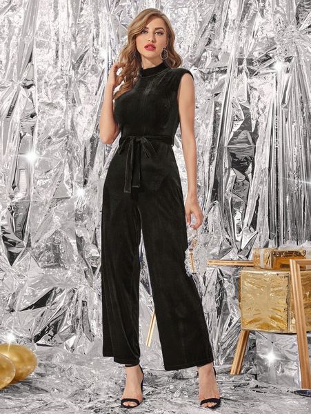 

stand neck belted velvet jumpsuit v27d#, White