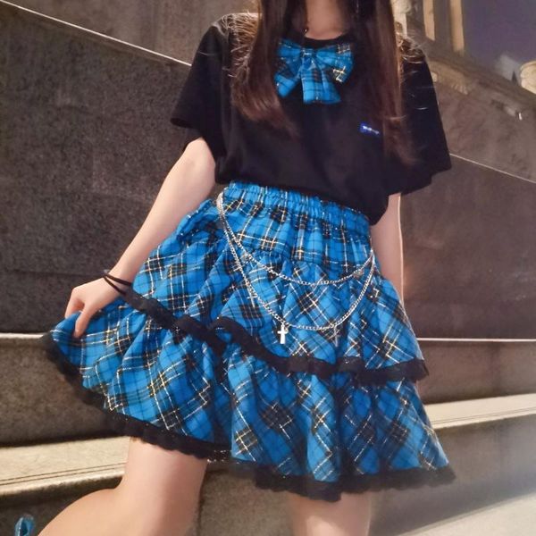 

goth egirl clothes dark academia aesthetic skirts lolita mini skirt woman kawaii pink plaid pleated pastel, Black