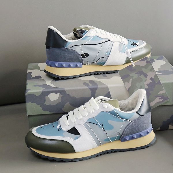 

men designers shoes rockrunner camouflage calfskin sneakers white blue mesh fabric reflection trainers lace-up casual runner shoe with gift, Black