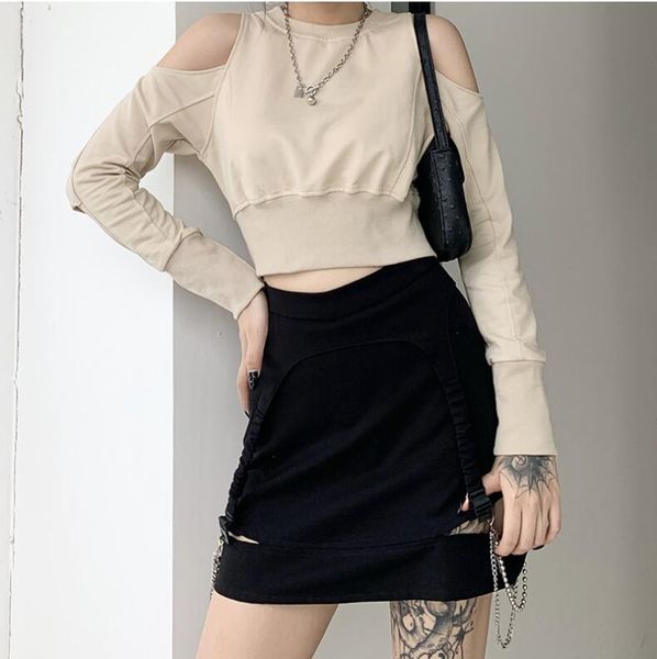 

women's t-shirt autumn slim hollow out strapless knit long sleeve short, White