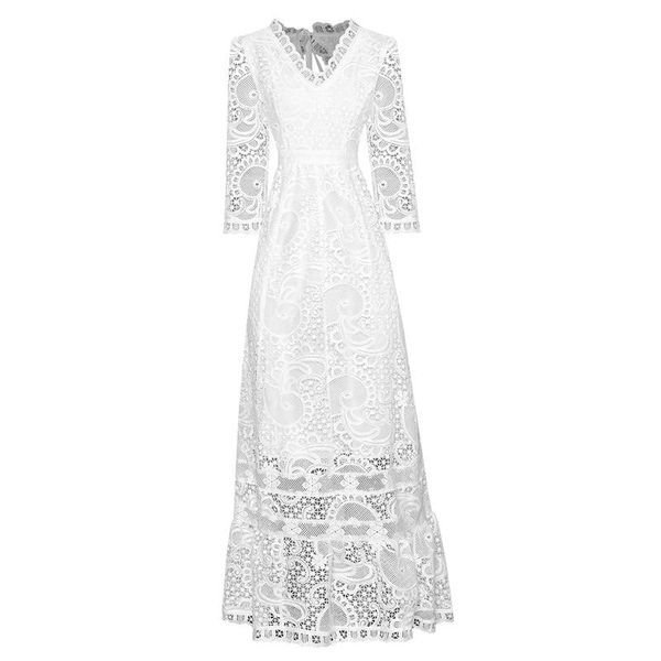 

casual dresses v-neck see through hollow out open back ankle length long maxi party crochet white guipure dress, Black;gray