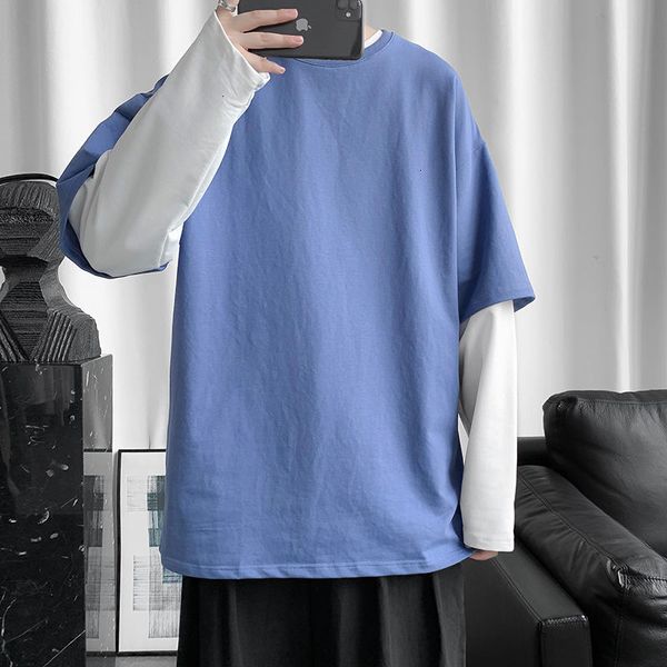 

2021 new autumn cotton t-shirt men's fashion casual o-neck fake two-piece t shirt men streetwear korean mens long-sleeved tshirt m-5xl, White;black