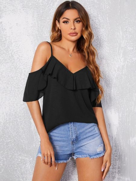 

cold shoulder ruffle trim blouse c2uy#, White