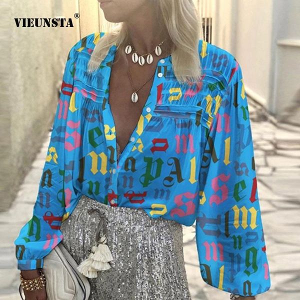 

women's blouses & shirts fashion casual letter print blouse shirt 2021 spring button v-neck women elegant office ladies lantern sleeve, White