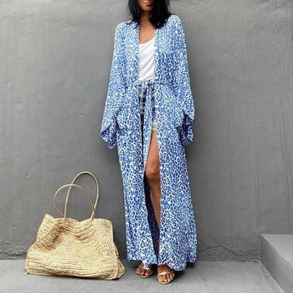 

women's swimwear 2021 long robe strapless skin-friendly blue vintage oversize leopard pattern cardigan for shopping summer clothes one, White;black