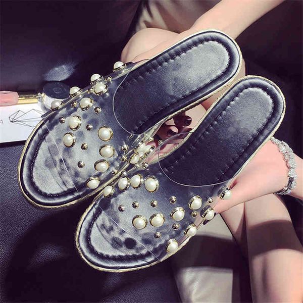 

slippers cool slippers women summer fashion versatile wear muffin thick bottom waterproof platform pearl transparent slope heel slip r0rz, Black