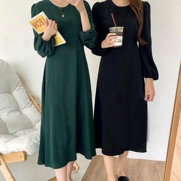 

casual dresses women autumn elegant dark green long dress puff sleeve a- line midi vestidos with belt robe femme jurken sukienki ropa mujer, Black;gray
