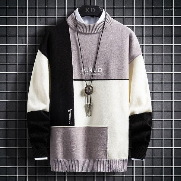 

men's sweaters 2021 spring and autumn warm sweater men high neck pullover fashion contrast color slim student casual knit, White;black