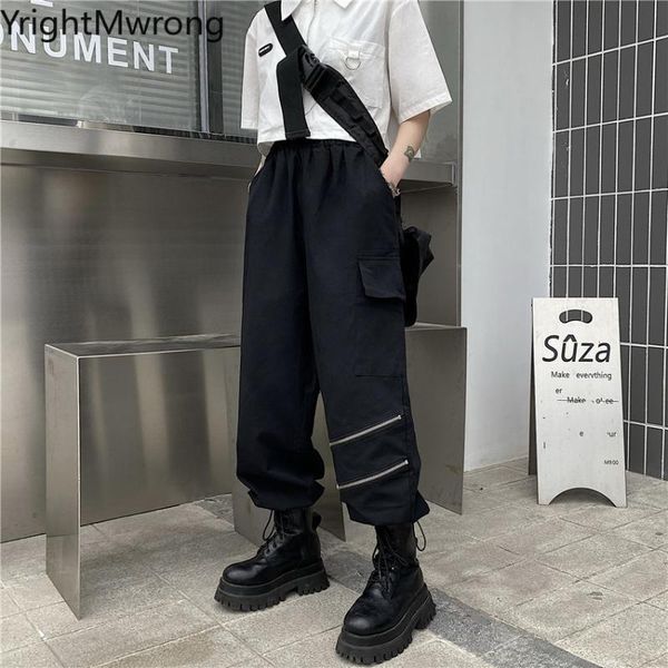

women's pants & capris side pocket irregular zipper up techwear high waist cargo jogger black pant women streetwear harajuku harem punk, Black;white