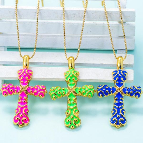 Anhänger Halsketten EYIKA Mode Vintage Bunte Fluoreszierende Emaille Kreuz Halskette Für Frauen Männer Gold Perlen Kette Gothic Choker Schmuck