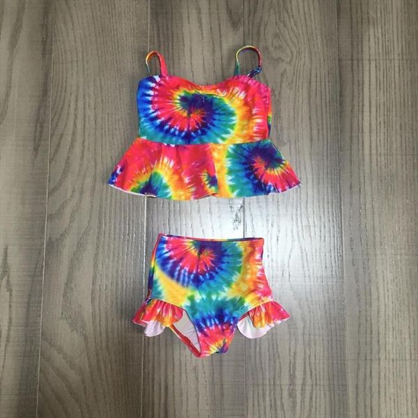 

summer baby girls pastel tie dye fringe swim suit set 2 pieces children clothes boutique outfits, White