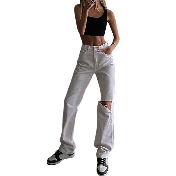 

women's jeans women casual vintage high waist wide leg ripped adults solid white color denim trousers with pockets all-match, Blue