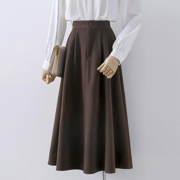 

solid wool women skirts spring new 2021 high waist pleated knee-length office lady elegant clothing quality, Black