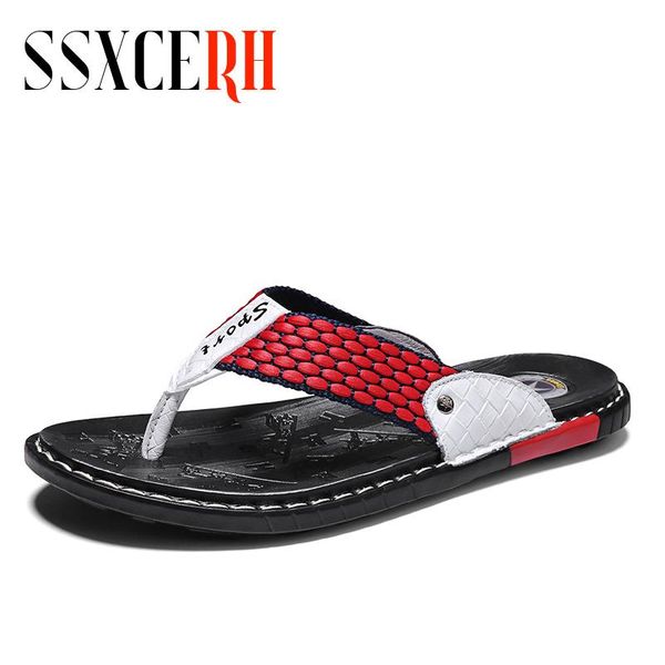 

slippers fashion genuine leather weave men's flip flops men shoes 2021 summer for male casual slipper beach sandals sleepers, Black