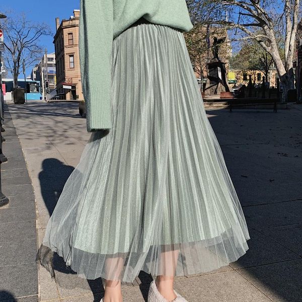 

skirts 2021 autumn and winter sequins in the long section mesh skirt retro gold velvet pleated a word stretch, Black