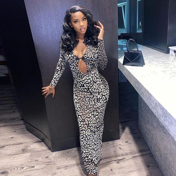 

casual dresses hollow out elegant skinny maxi dress women summer hipster print long sleeve bodycon ladies fashion partywear, Black;gray