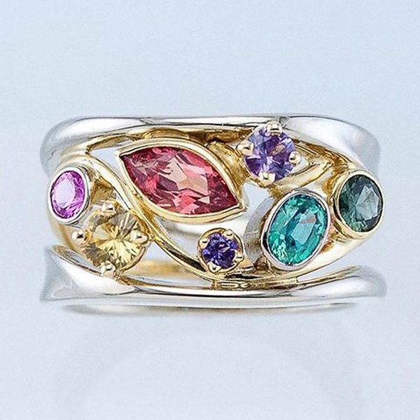 

wedding rings luxury female rainbow crystal ring vintage gold silver color for women promise zircon stone engagement, Slivery;golden