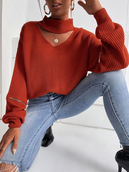 

rib knit keyhole neck zip sweater o3dt#, White