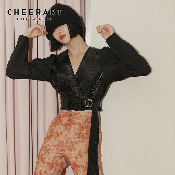 

women's leather & faux cheerart puff sleeve cropped jacket women autumn coat black v neck designer 2021 fall clothing fashion