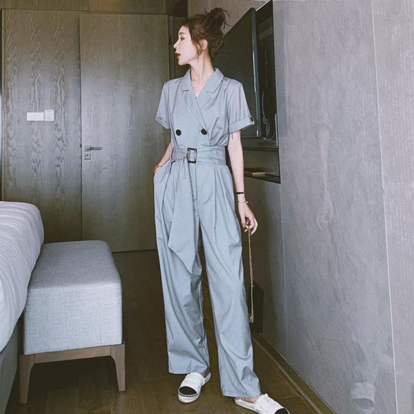 

women's jumpsuits & rompers 2021 summer women short sleeve shirt loose casual wide leg pants romper office lady high waist cargo touser, Black;white