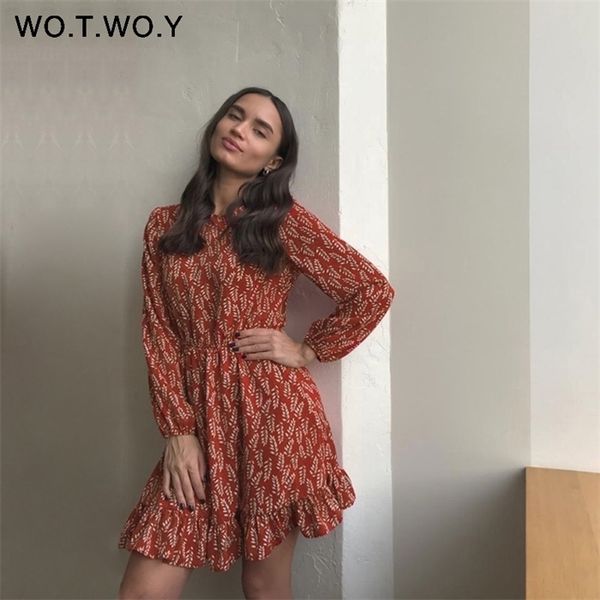 

wotwoy high waist long sleeve printed dresses women back zipper a-line knee-length ruffles dress female o-neck casual dress lady, Black;gray