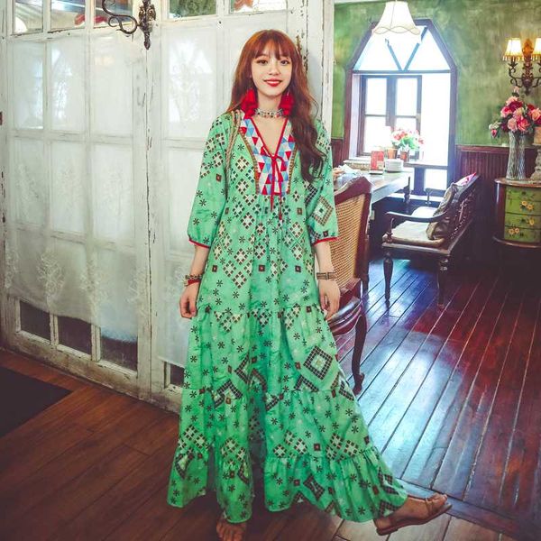 

casual dresses women yunnan holiday ethnic style v-neck dress bohemia seven-point sleeve retro printing travel loose summer n10, Black;gray