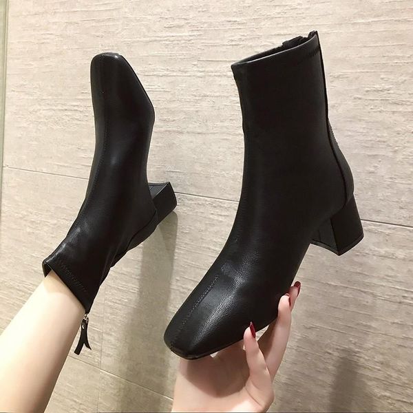 

boots solid black ankle autumn square mid heels female round toe pu leather ladies casual slip on women shoes woman