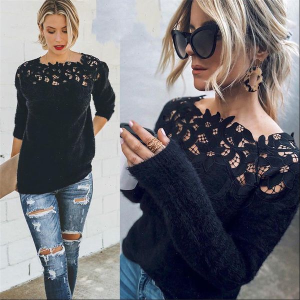 

new fashion womens loose knitted pullover jumper sweater o neck long sleeve knitwear lace floral collar winter streetwear, White;black