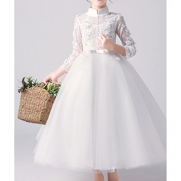 

girl's dresses a-line ankle length flower girl first communion tulle 3/4 sleeve high neck with bow(s), Red;yellow