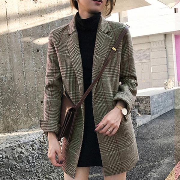 

women's suits & blazers autumn 2021 check fashion dress shirts coat lady vintage long sleeve pockets female outerwear chic jackets coat, White;black