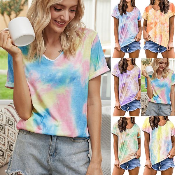 

womens summer european and american womens clothing gradient color tie-dye short sleeve loose t-shirt, White
