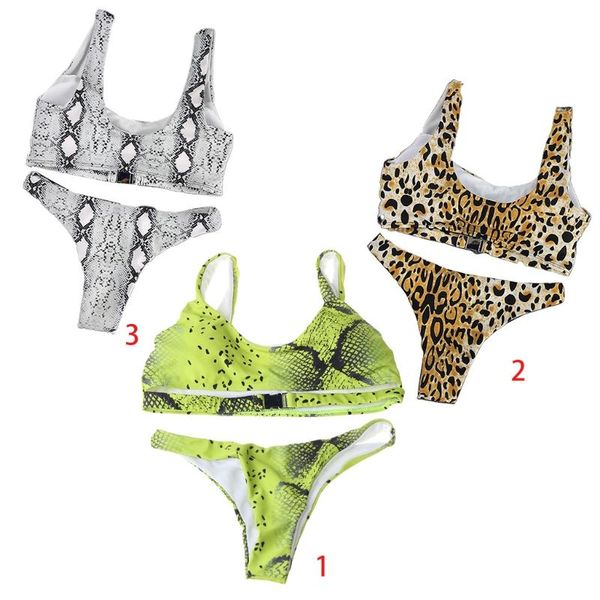 

women bikini set snakeskin push up cutout buckle front swimsuit beachwear