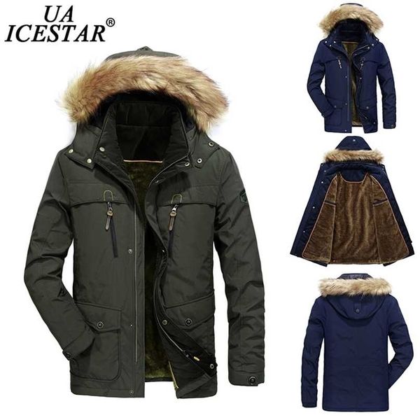 

men parka winter fashion fur collar hooded jacket coat military windproof multi-pocket outdoor casual 's jackets 211206, Black