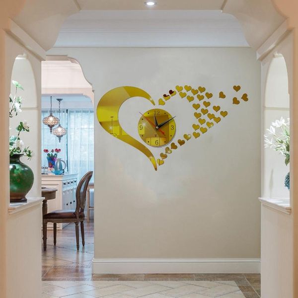 

2021 fashion 3d big size mirror wall clock modern design diy brief living room decoration silent acrylic heart wall stickers