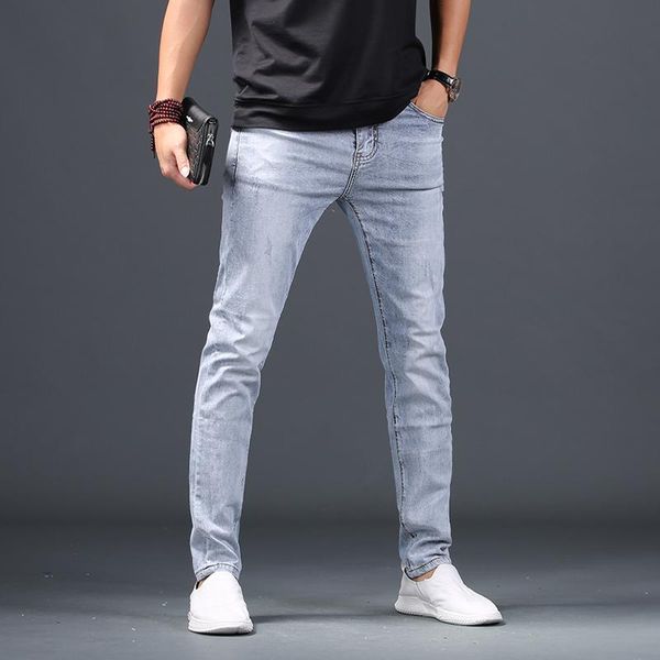 

men's jeans light blue men summer thin slim fit pencil pants streetwear casual mens cotton denim trousers