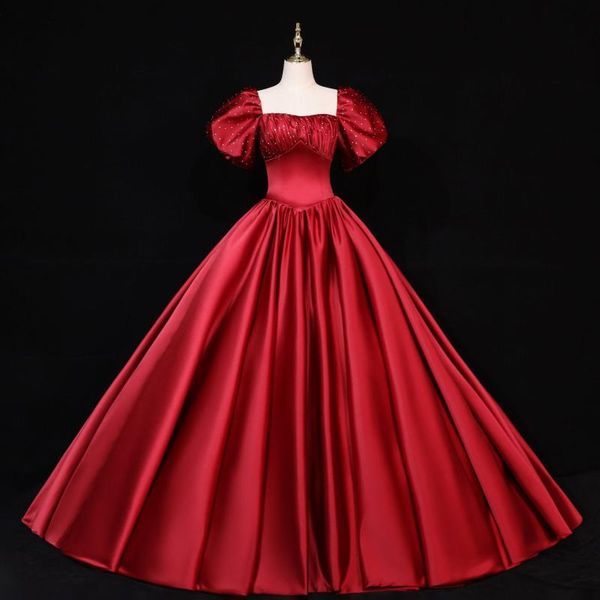 

ethnic clothing square collar ball gown dresses puff sleeve bandage cheongsams rhinestone burgundy qipao temperament oversize 3xl vesti, Red