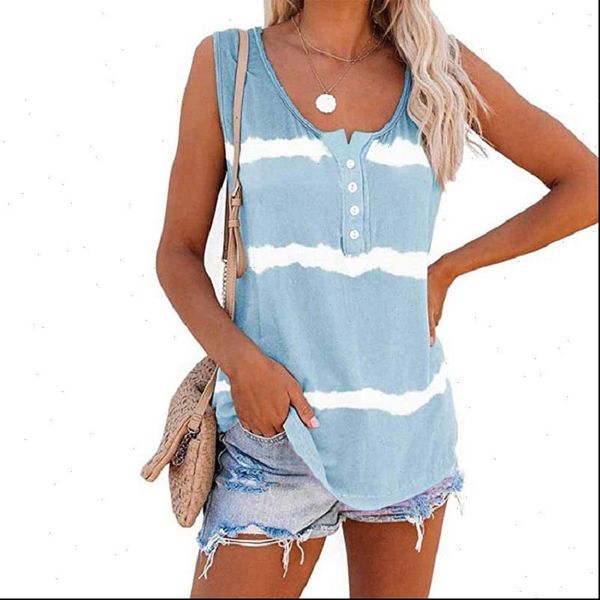 

womens t shirts sleeveless summer tie dye print tank 2021 o neck new button stripe big size casual shirt ladies, White