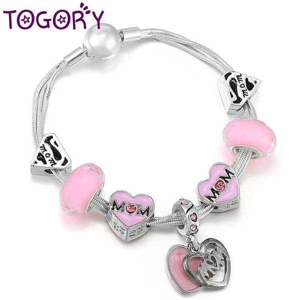 

charm bracelets 2021 pink enamel heat mom beads with silver plated chain bangles for women mother diy jewelry gift, Golden;silver