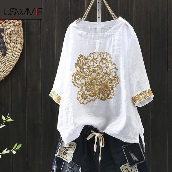 

women's t-shirt t shirt women summer retro outwear simple embroidery short sleeve loose comfort white tee femme