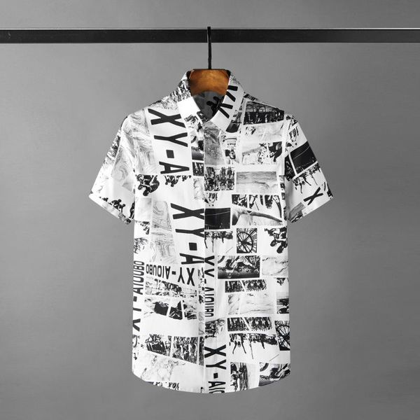 

men's casual shirts mens short sleeve all printed party dress plus size 4xl fashion slim man, White;black