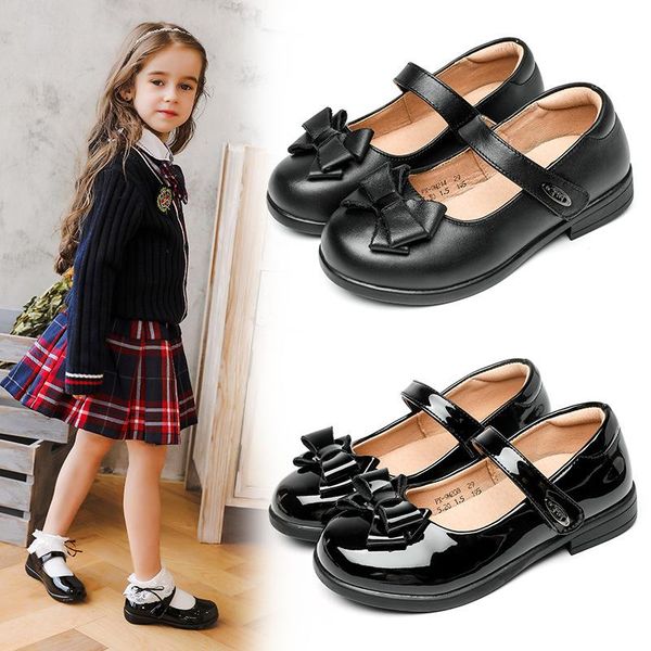 

flat shoes british style girls black leather flower girl school children' cowhide mary jane butterfly dress party, Black;grey