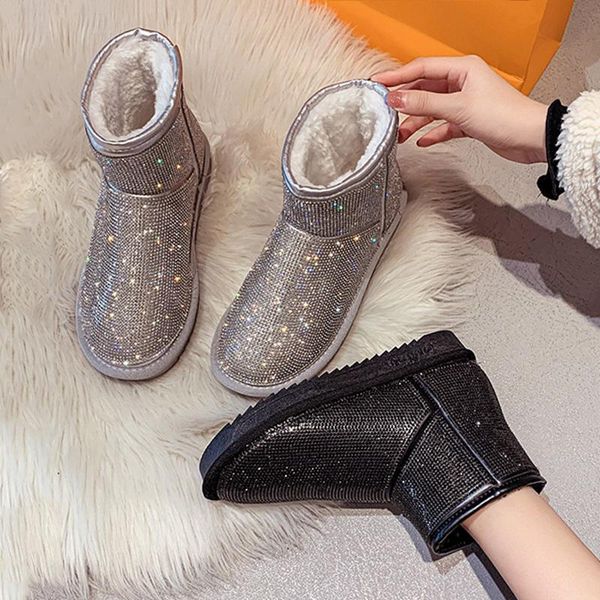 

boots snow female women shoes rhinestone luxury winter plush ankle ladies designer non-slip home woman, Black